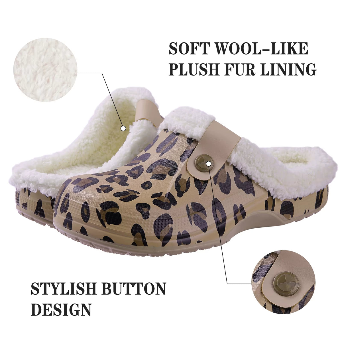 Zapatilla de leopardo: forro de felpa y botón decorativo